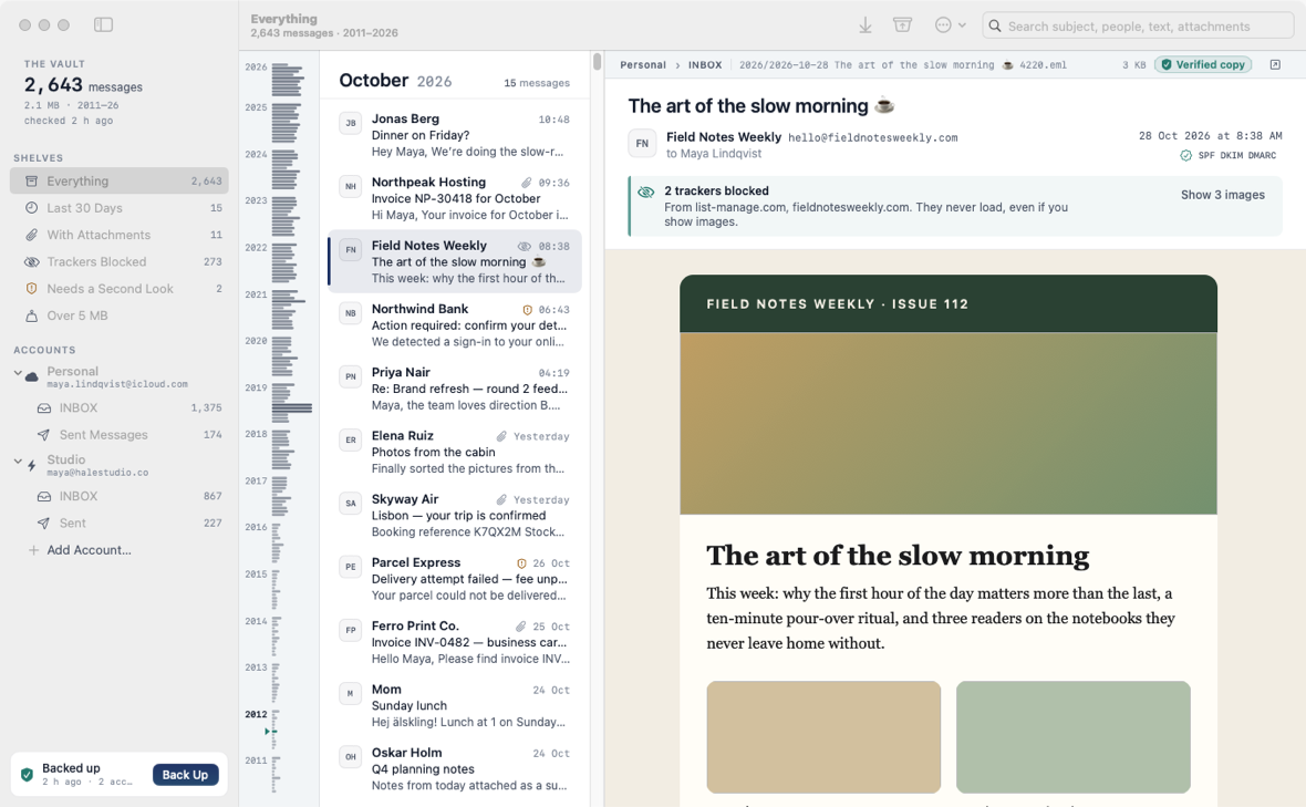 A newsletter in Mailcellar’s reader with two trackers blocked and its images held back