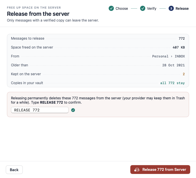 The Release step, confirmed by typing RELEASE 772