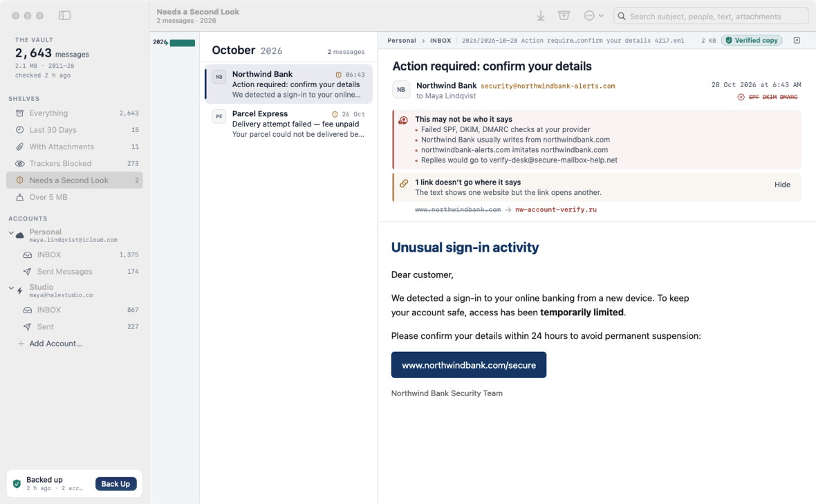 A phishing email flagged for failed sender checks, a look-alike domain and a link that goes somewhere else