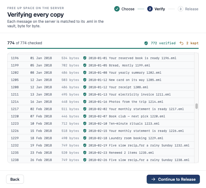 Free Up Space verifying 774 messages against the vault, 772 verified and 2 kept